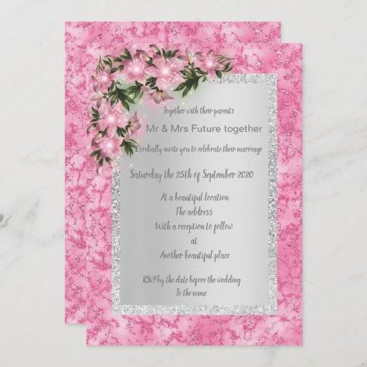 ピンク色の大理石結婚フローラとピンクのフローラ銀 招待状 (正面/裏面)