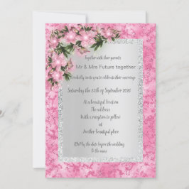ピンク色の大理石結婚フローラとピンクのフローラ銀 招待状