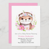 ピンク色の女の子の赤ちゃんシャワーでかわいいカワウソ 招待状 (正面/裏面)