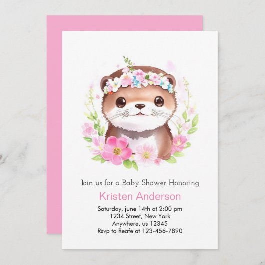 ピンク色の女の子の赤ちゃんシャワーでかわいいカワウソ 招待状 (正面/裏面)