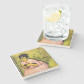 ピンク色の女エレガント性(女性ポートレート)アート ストーンコースター (横)