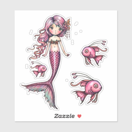ピンク色の小さな人魚と魚のイラスト シール (シート)