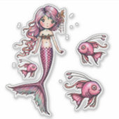 ピンク色の小さな人魚と魚のイラスト シール (正面)