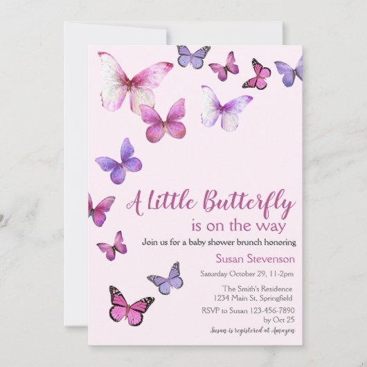 ピンク色の小さな蝶の赤ちゃんシャワー 招待状 (正面)