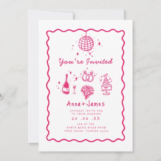 ピンク色の手お洒落引きファンキー結婚トレンディー 招待状 (正面)