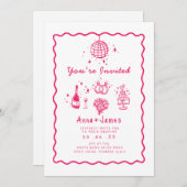 ピンク色の手お洒落引きファンキー結婚トレンディー 招待状 (正面/裏面)