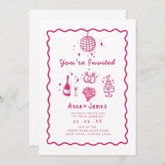 ピンク色の手お洒落引きファンキー結婚トレンディー 招待状 (正面/裏面)