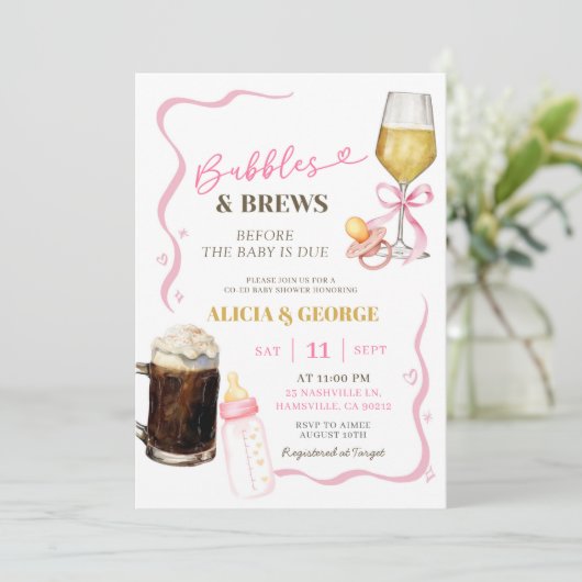 ピンク色の手描き赤予測できなちゃんシャワー 招待状 (スタンド正面)