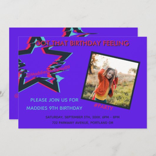 ピンク色の明るいネオンの10代の誕生日 招待状 (正面/裏面)