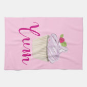 ピンク色の曇ったカップケーキユム! キッチンタオル (横)