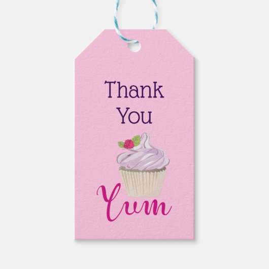 ピンク色の曇ったカップケーキユム！サンキュー ギフトタグ (正面)