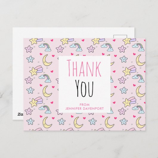 ピンク色の月星雲模様ありがとう ポストカード (正面/裏面)