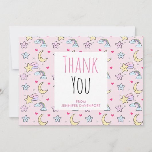 ピンク色の月・星・雲の模様ありがとう サンキューカード (正面)