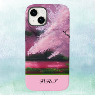 ピンク色の桜さくらんぼの花とイニシャル Case-Mate iPhone 14ケース