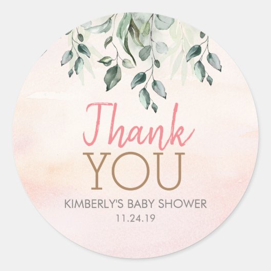 ピンク色の水彩と緑 ラウンドシール (正面)