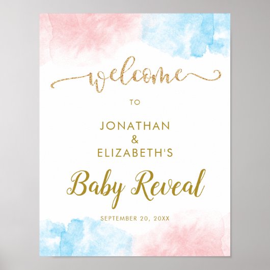 ピンク色の水彩グリッター性別の表示ようこそ ポスター (正面)