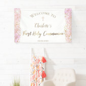 ピンク色の水彩グリッター |第1コミュニオンバナー 横断幕 (インサイチュ)