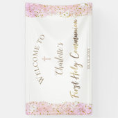 ピンク色の水彩グリッター |第1コミュニオンバナー 横断幕 (縦)