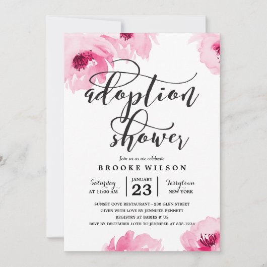 ピンク色の水彩バラの採用ベビーシャワー 招待状 (正面)