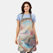 ピンク色の水彩ファンタジー風景 エプロン (着用した状態)