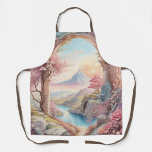 ピンク色の水彩ファンタジー風景 エプロン