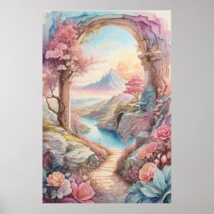 ピンク色の水彩ファンタジー風景 ポスター
