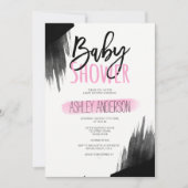 ピンク色の水彩ブラシスクリプトベビーシャワー 招待状 (正面)