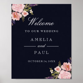 ピンク色の水彩牡丹が歓迎の結婚サイン ポスター