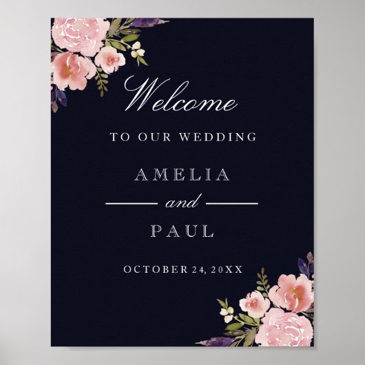 ピンク色の水彩牡丹が歓迎の結婚サイン ポスター (正面)