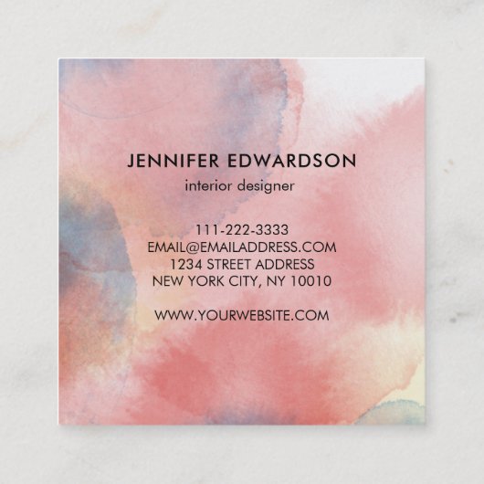 ピンク色の水彩画(ばちゃばちゃ)跳ねるスクエア名刺 スクエア名刺 (裏面)