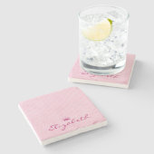 ピンク色の水玉模様でパープルティアラでパーソナライズ ストーンコースター (横)