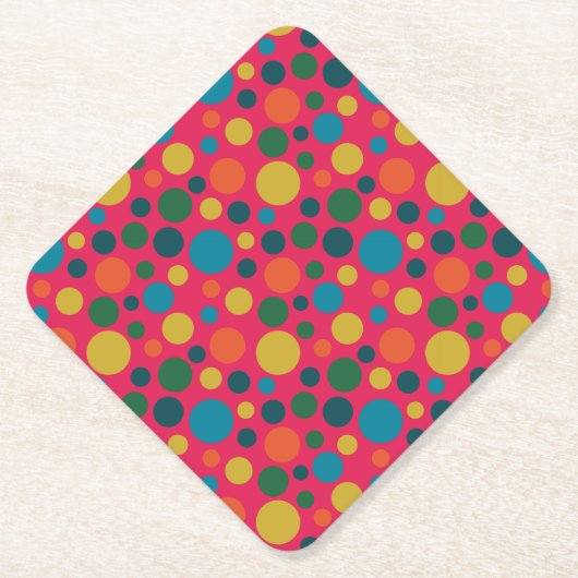 ピンク色の水玉模様で明るい黄色とオレンジ ペーパーコースター (正面)