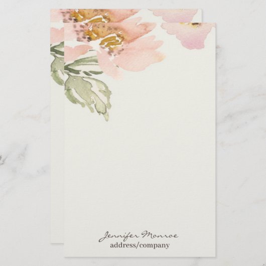 ピンク色の水色の花パーソナライズされた 便箋 (正面/裏面)