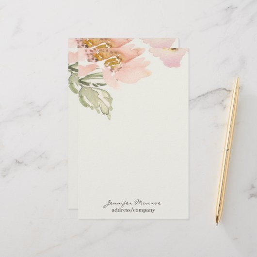 ピンク色の水色の花パーソナライズされた 便箋 (正面/裏面インサイチュ)