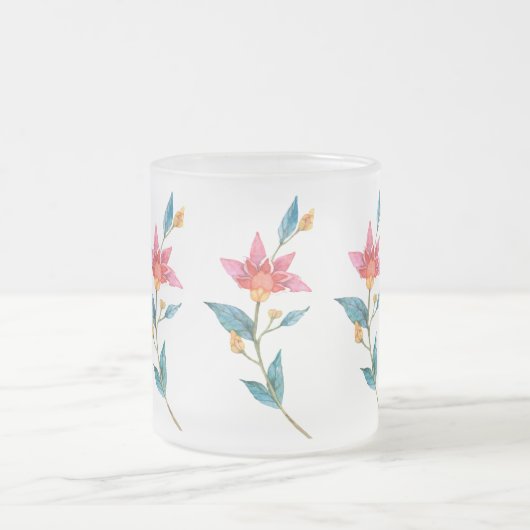 ピンク色の水色の花 フロストグラスマグカップ (中央)