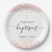 ピンク色の水色 |フェイク金ゴールド詳細バプテスマ ペーパープレート (正面)