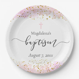 ピンク色の水色 |フェイク金ゴールド詳細バプテスマ ペーパープレート