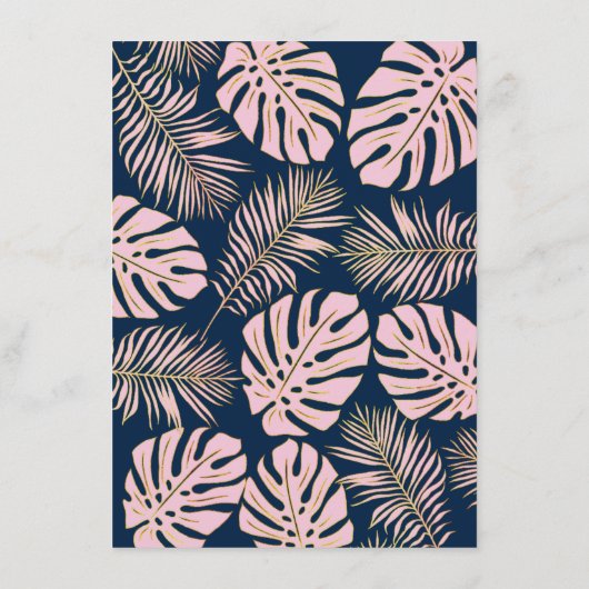 ピンク色の海軍のトロピカル葉ブライダルシャワービンゴゲーム エンクロージャーカード (裏面)
