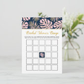 ピンク色の海軍のトロピカル葉ブライダルシャワービンゴゲーム エンクロージャーカード (スタンド正面)