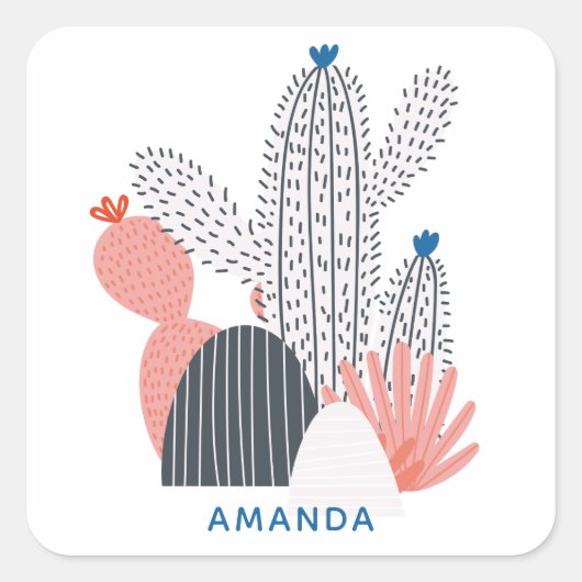ピンク色の灰色のサボテン。モダン抽象芸術 スクエアシール (正面)