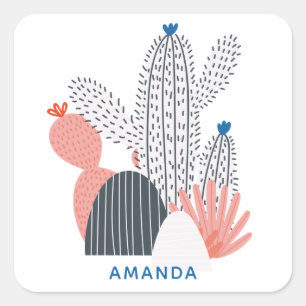 ピンク色の灰色のサボテン。モダン抽象芸術 スクエアシール