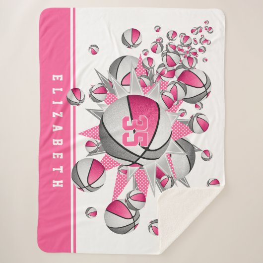 ピンク色の灰色のバスケットボール星の女の子スポーツデカ シェルパブランケット (正面)