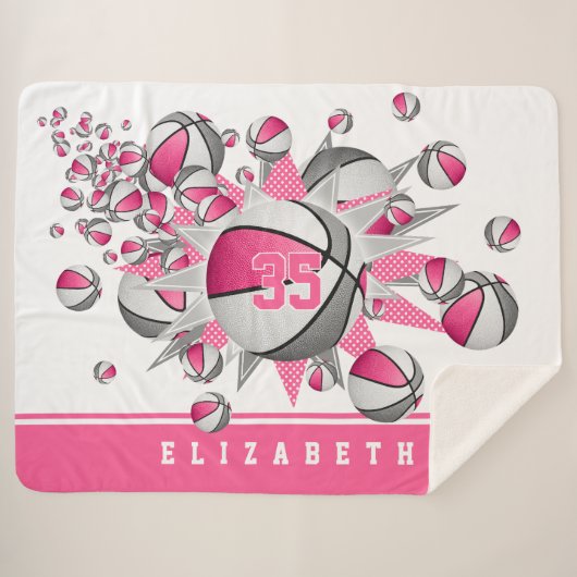 ピンク色の灰色のバスケットボール星の女の子スポーツデカ シェルパブランケット (正面(横))