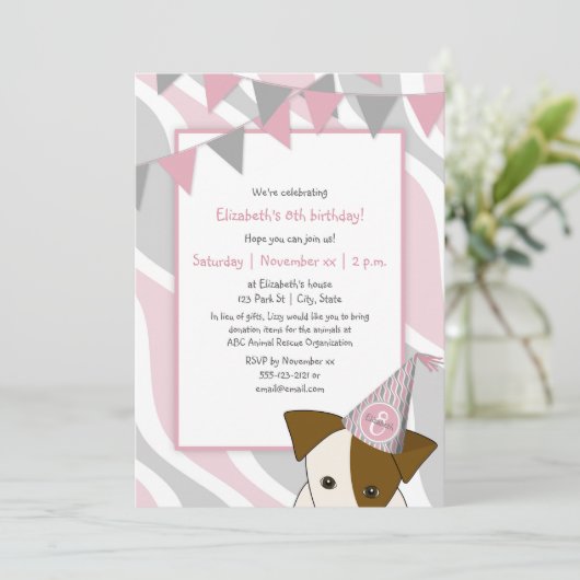ピンク色の灰色のパーティー子犬のぞき女の子の誕生日 招待状 (スタンド正面)