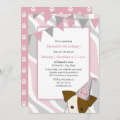 ピンク色の灰色のパーティー子犬のぞき女の子の誕生日 招待状 (正面/裏面)