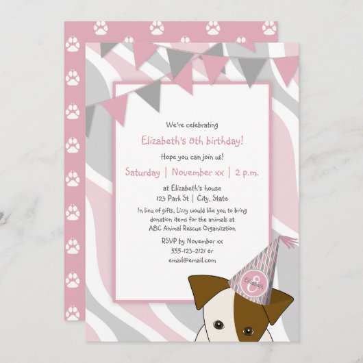 ピンク色の灰色のパーティー子犬のぞき女の子の誕生日 招待状 (正面/裏面)