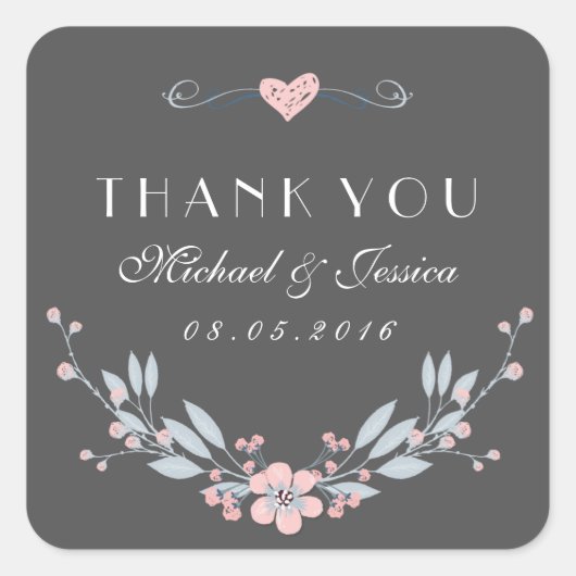 ピンク色の灰色ヴィンテージ結婚の花の愛のステッカー スクエアシール (正面)