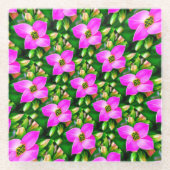 ピンク色の熱帯花パターン ガラスコースター (正面)