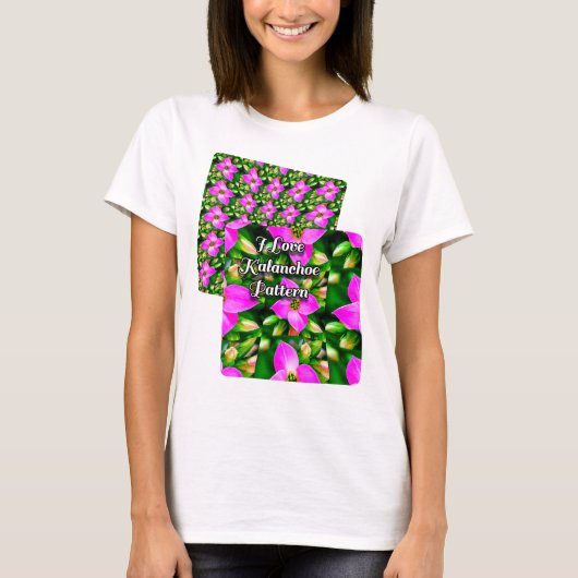 ピンク色の熱帯花パターン Tシャツ (正面)