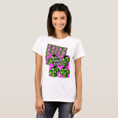 ピンク色の熱帯花パターン Tシャツ (正面フル)